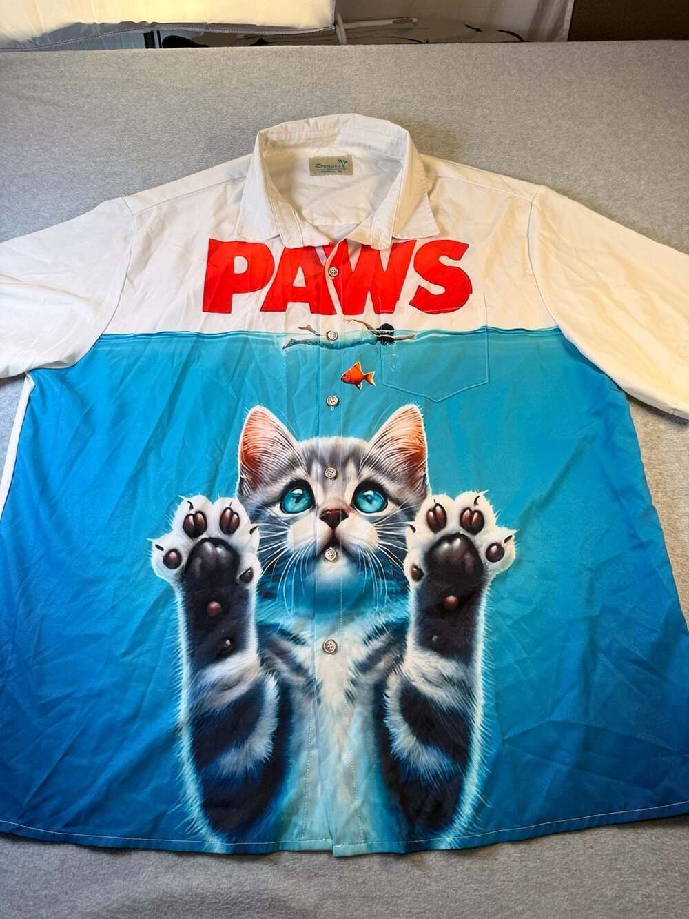 Royaura Paws Jaws Parody Cat Hawaiian Button Down Shirt 3XL